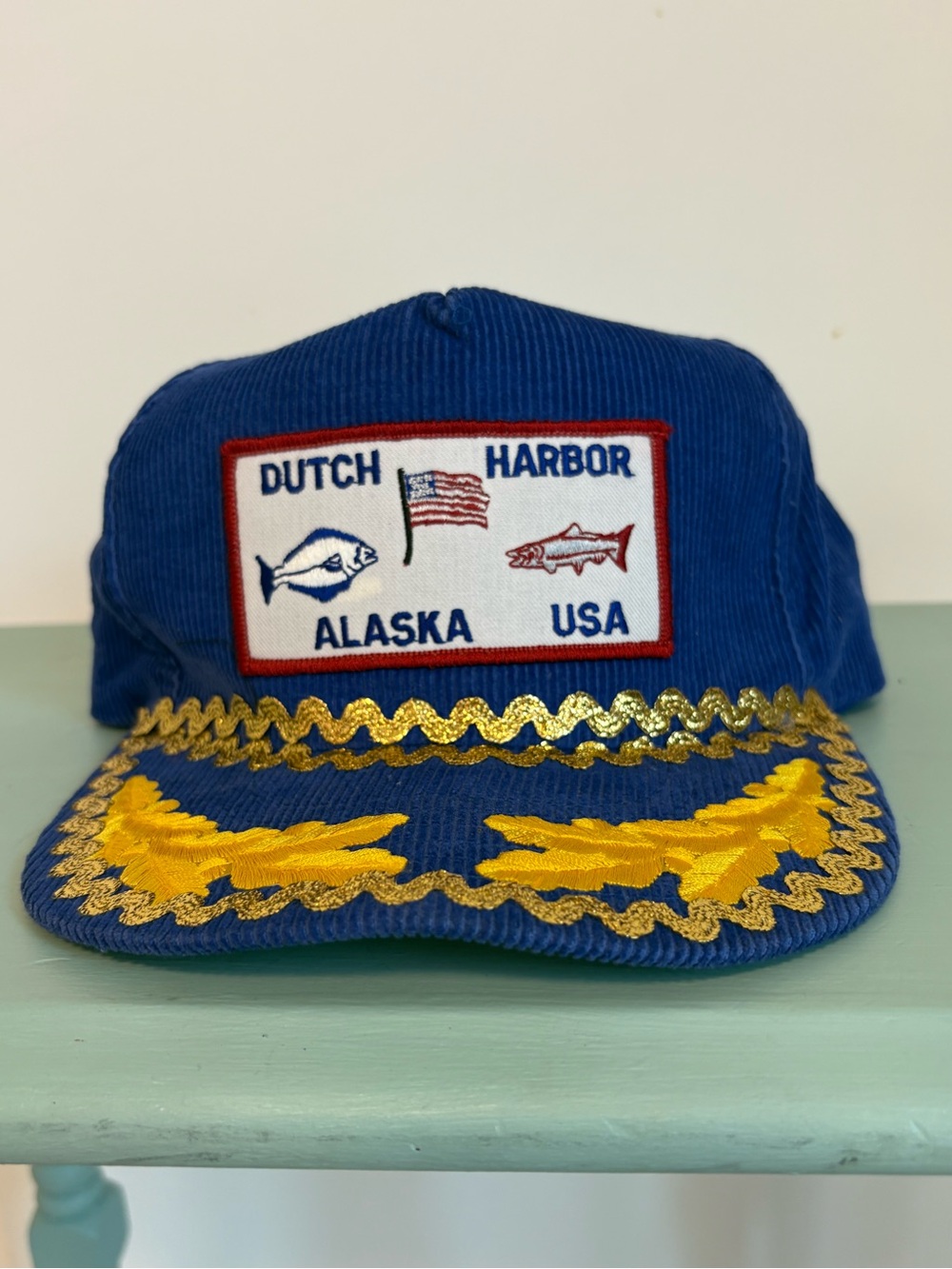 Vintage Dutch Harbor Alaska Embroidered Corduroy Captains Hat, Blue & Gold, NWOT